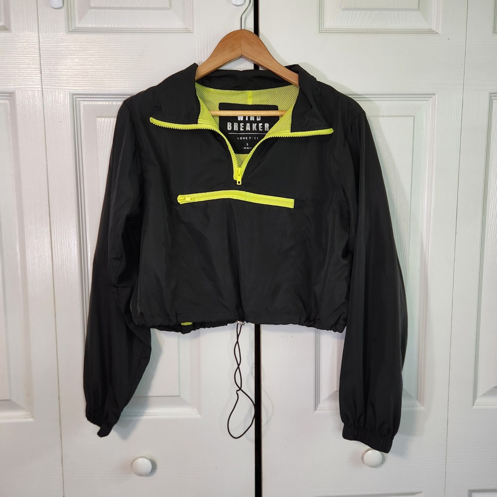 Love Tree Womens Cropped Windbreaker Jacket Blackโ Neon Yellow Quarter Zip Small